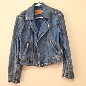 Aje Blue Jean Jacket with Distressed Finish and Asymmetrical Zipper 12